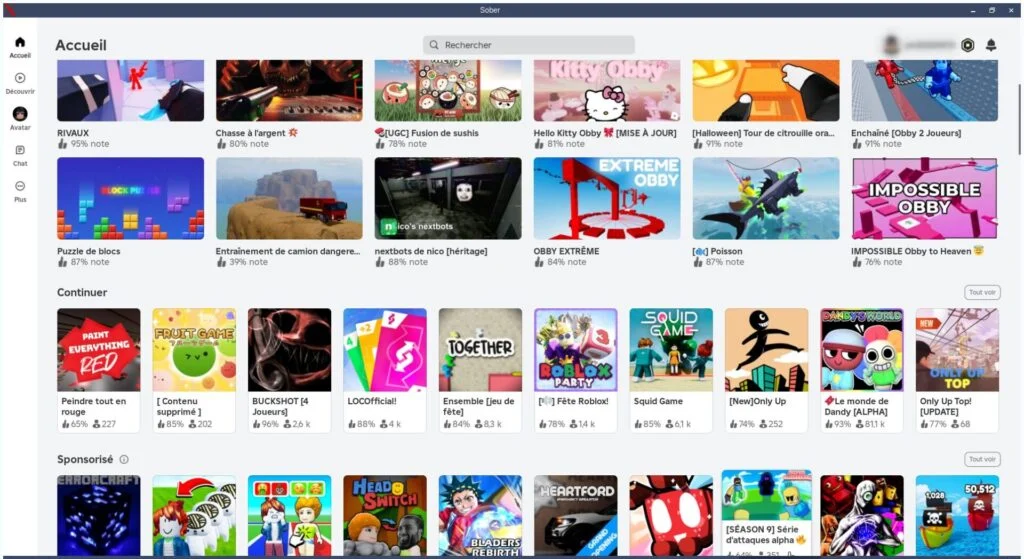 Capture d'écran de la page d'accueil de Roblox