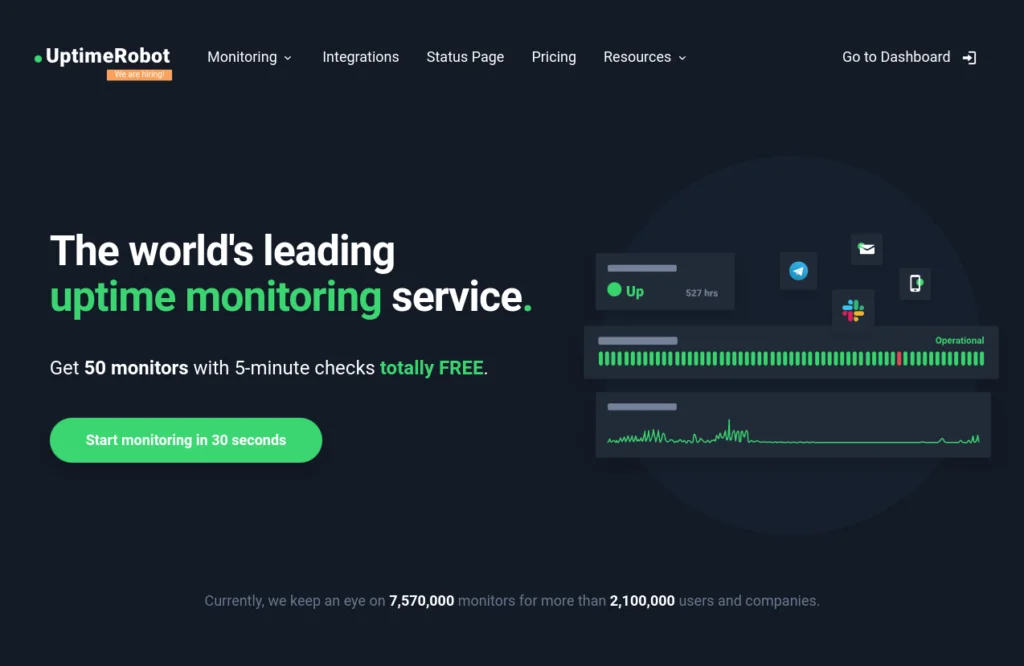 Capture d’écran du site internet du service UptimeRobot