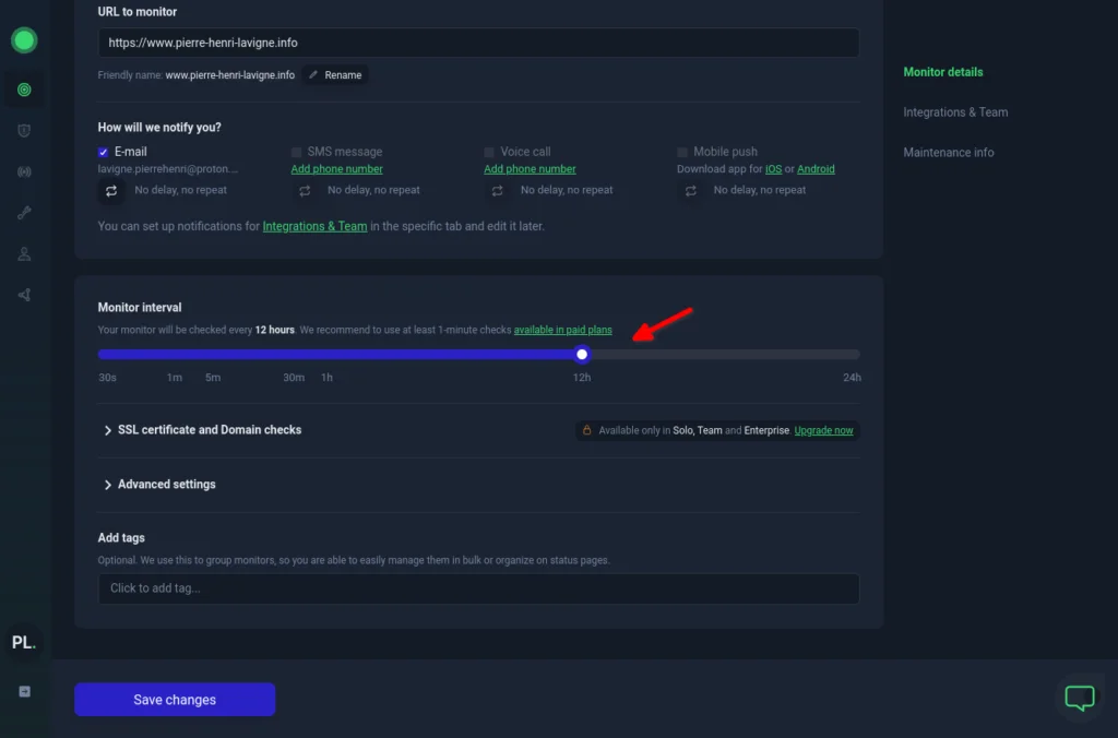 Capture d’écran des options