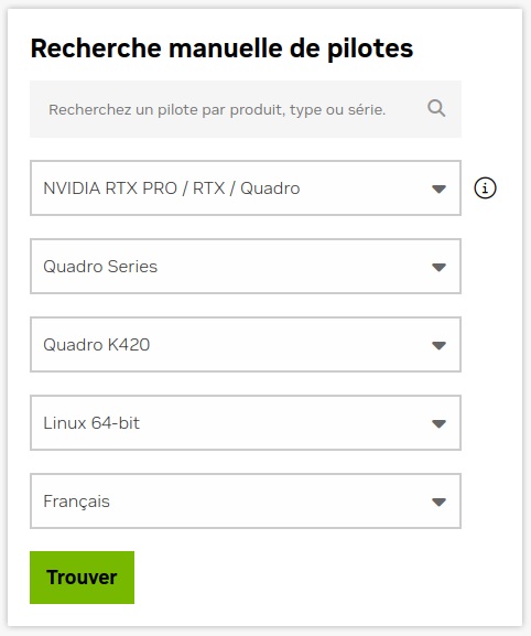 Capture d'écran du formulaire de recherche de pilotes